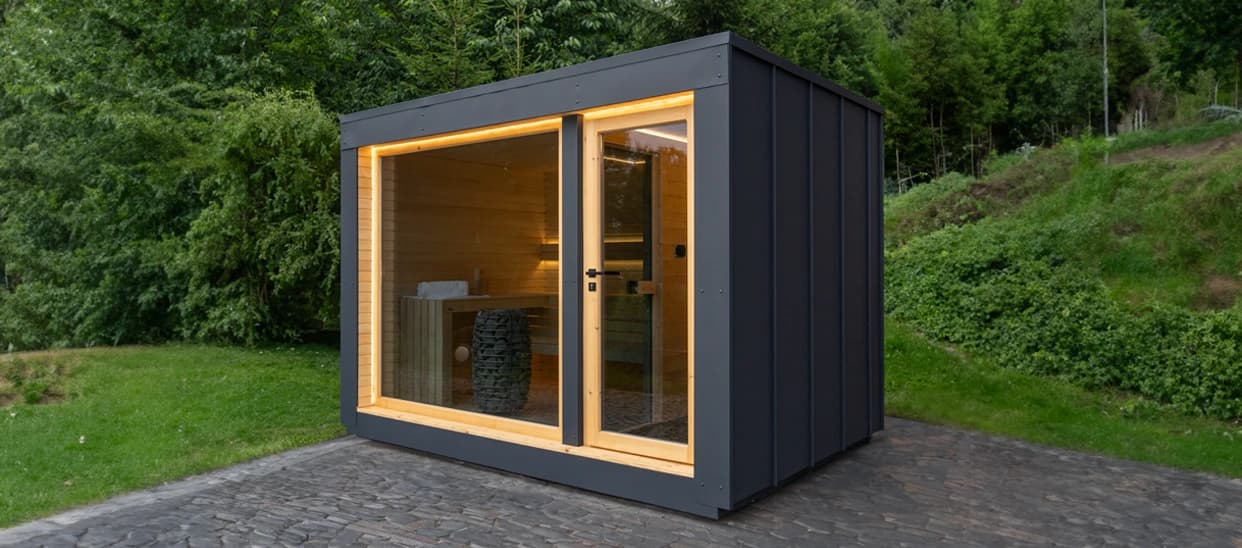Maata panoramic sauna standing on block paving on a plot near Prague